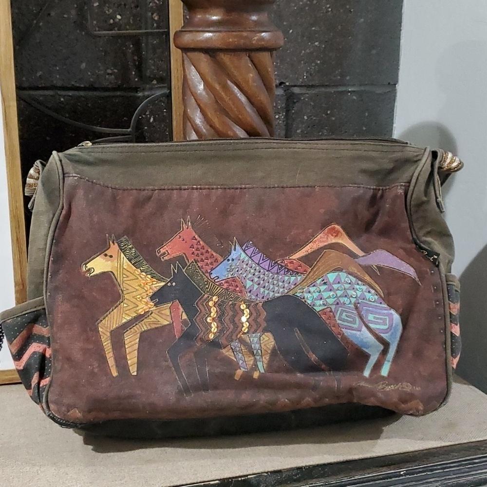 LAUREL BURCH NATIVE HORSES RUNNING WILD COLORFUL BAG SEQUINS CANVAS FOLK ART